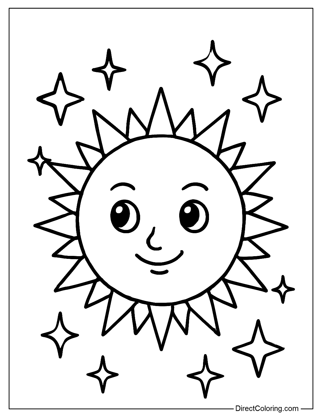 magical Sun coloring page surrounded by sparkling stars, moderate detail